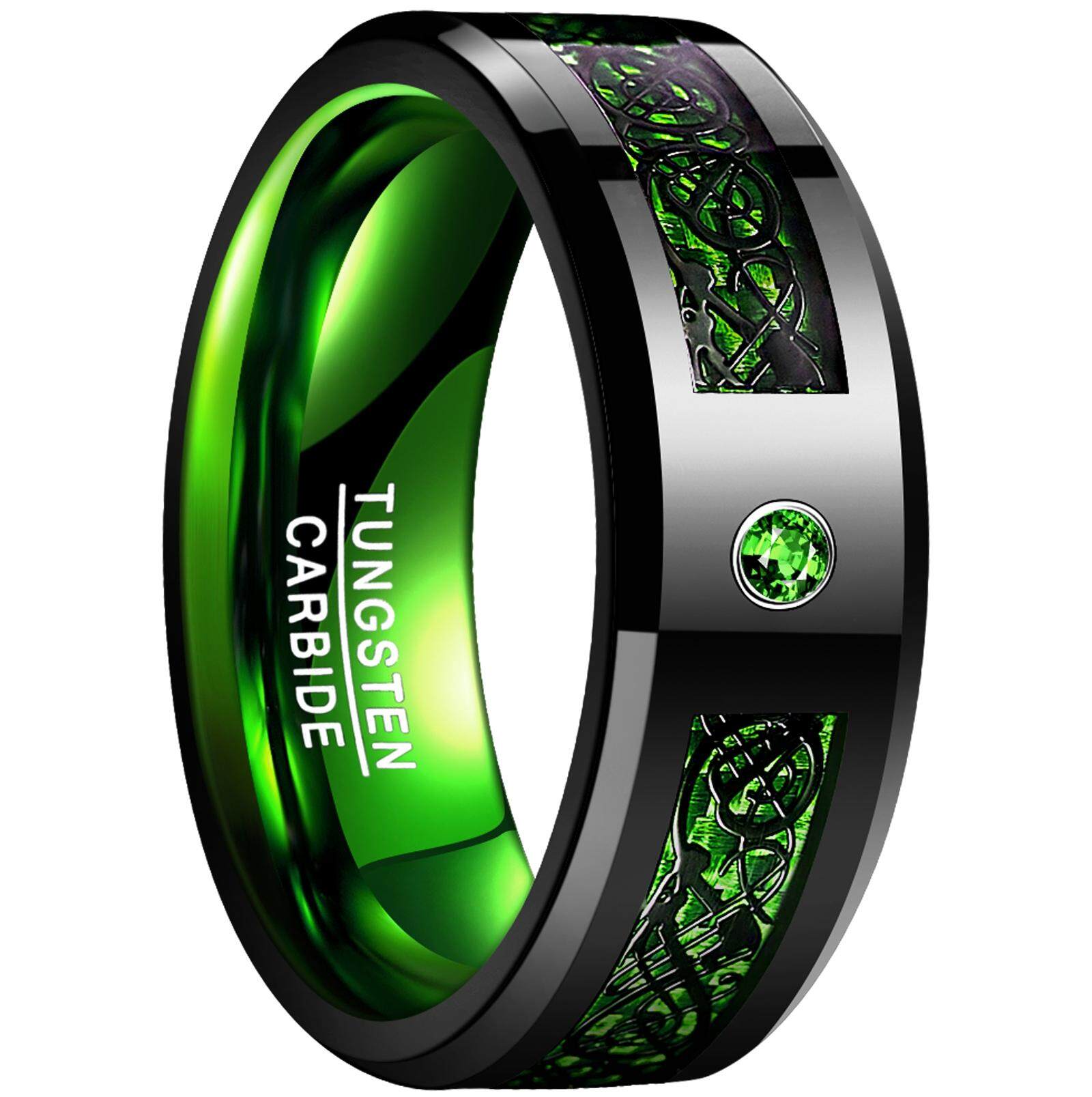 AVECON 【Support Engrave】Green Tungsten Carbide Wedding Band Ring Celtic Dragon Green Carbon Fiber for Men 8mm Size 7 to 14